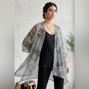 Pineda Covalin Mexico Black & White Geometric Silk Open Kimono Cardigan OS